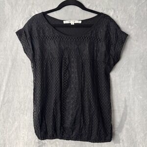 Max Studio Lace Blouse Women Size S Black Cap Sleeve Elastic Hem 3701B33